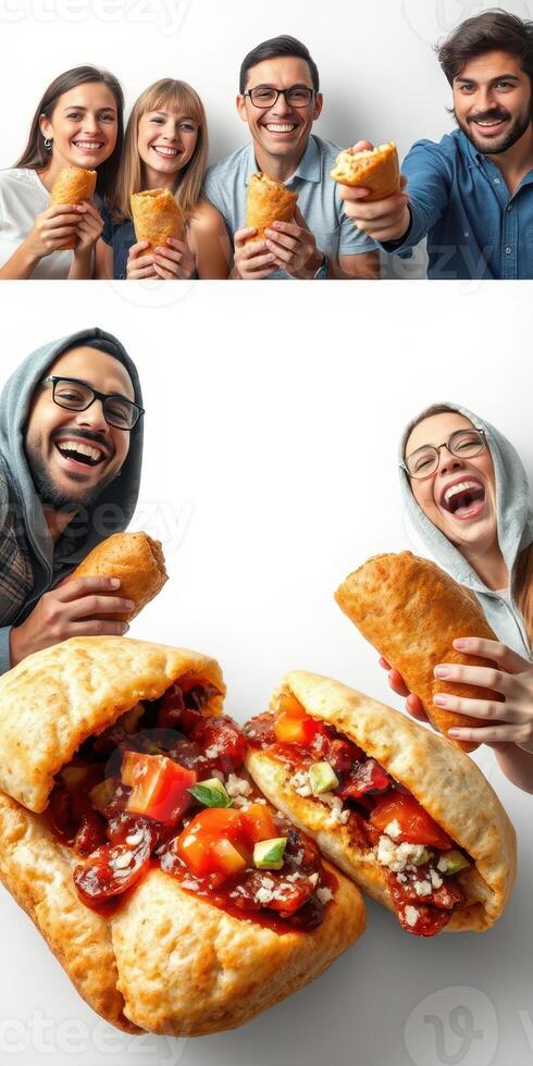 Friends enjoying delicious stuffed rolls while laughing and sharing good times in a bright setting photo