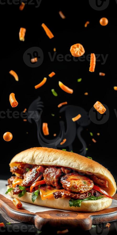 Creative food presentation of a sandwich with vegetables and unique ingredients in a dark setting photo