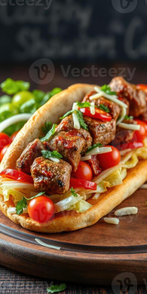 Delicious grilled meat sandwich topped with fresh vegetables and herbs enjoyed in a cozy setting photo