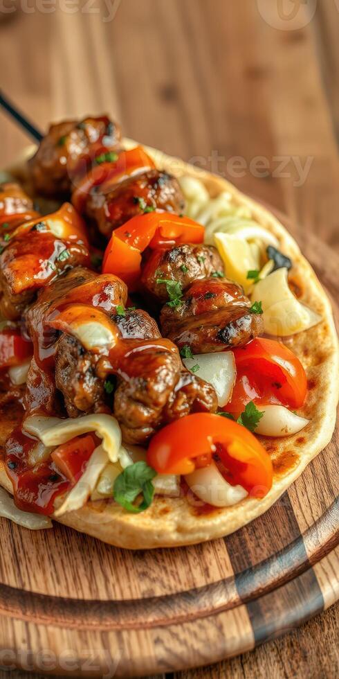 Delicious kebab served on flatbread with fresh vegetables and savory sauce in a rustic setting photo
