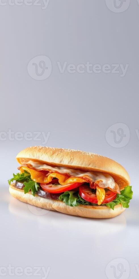 Delicious sub sandwich layered with fresh vegetables and savory meats on a white background photo