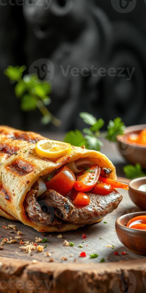 Grilled meat wrap filled with fresh vegetables and lemon slices served with dipping sauces photo