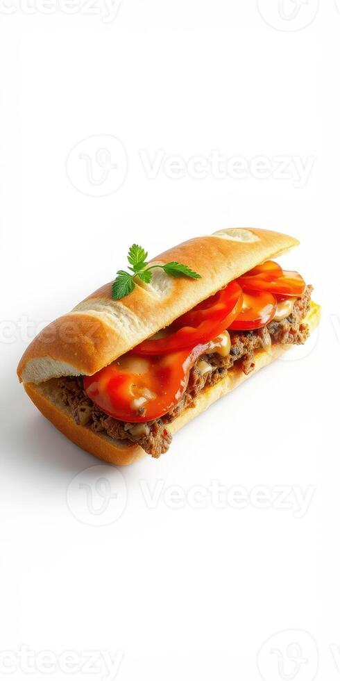 Delicious sandwich with tender meat, fresh tomatoes, and flavorful sauces served on a crusty baguette photo
