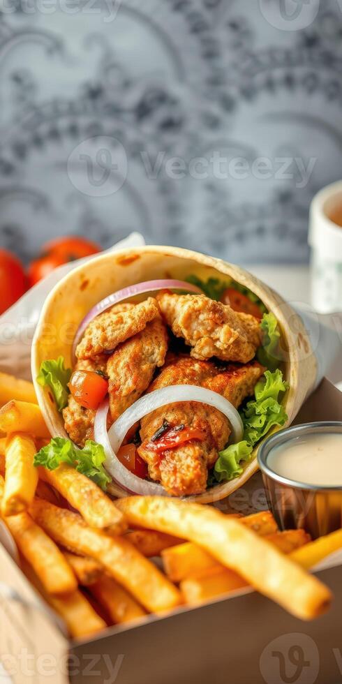 Delicious wrap filled with crispy chicken, fresh vegetables, and golden fries served in a cozy setting photo