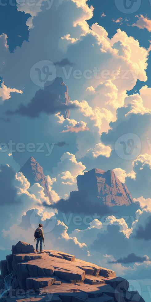 Stunning view of a person standing on a mountain peak gazing at dramatic clouds during sunset photo