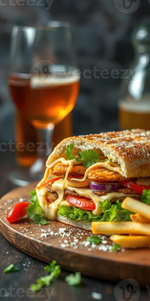 Delicious grilled sandwich with fresh vegetables and cheese served with fries and cold beverages in a cozy setting photo