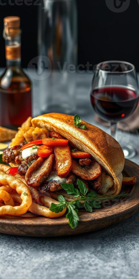 Delicious sandwich with grilled meat and fries served with red wine in a cozy setting photo