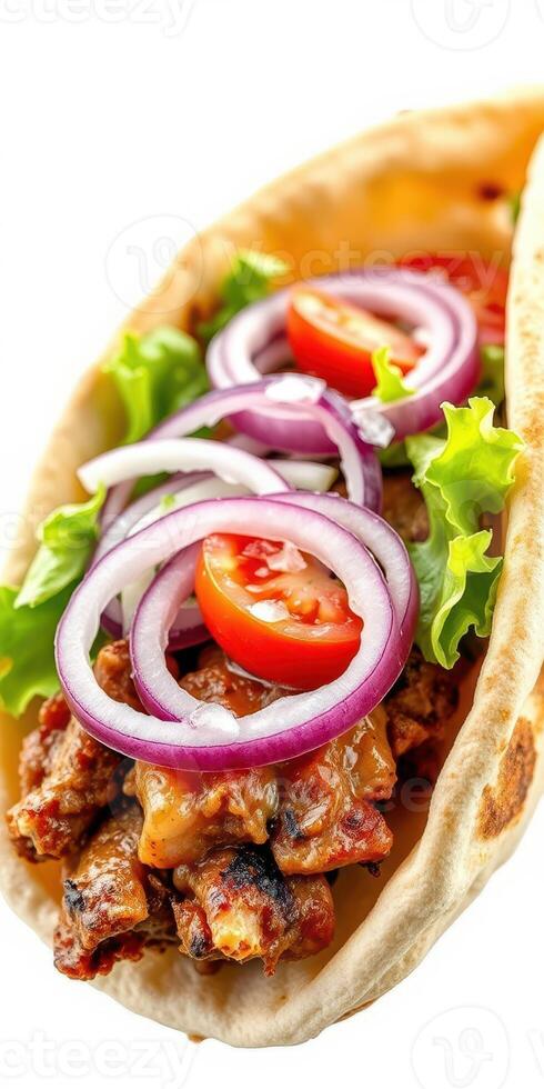 Delicious pita filled with grilled meat, fresh vegetables, and savory toppings served on a white background photo