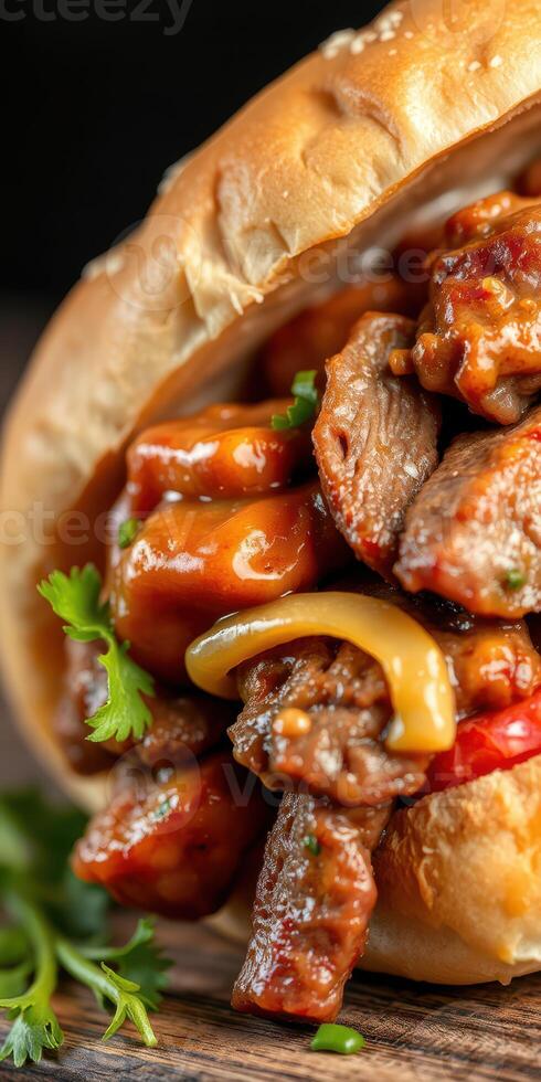 Savory meat sandwich loaded with tender beef, colorful peppers, and rich sauce served on a fresh roll photo