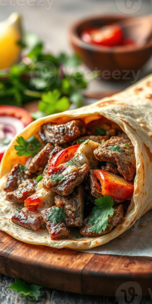 Delicious beef fajita wrap with fresh vegetables and herbs on a rustic wooden table photo