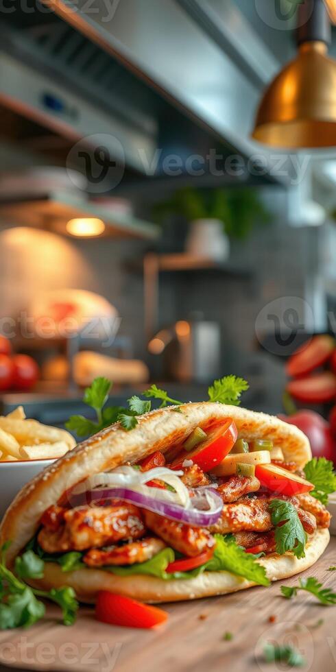 Freshly prepared pita with grilled chicken, vegetables, and herbs at a bustling kitchen photo