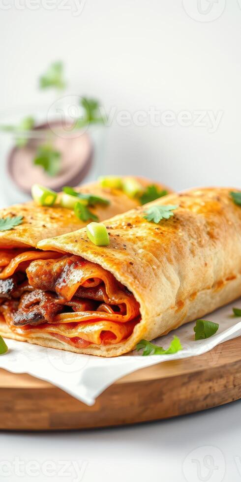 Delicious rolled tortilla filled with savory meat and topped with fresh herbs served on a wooden platter photo