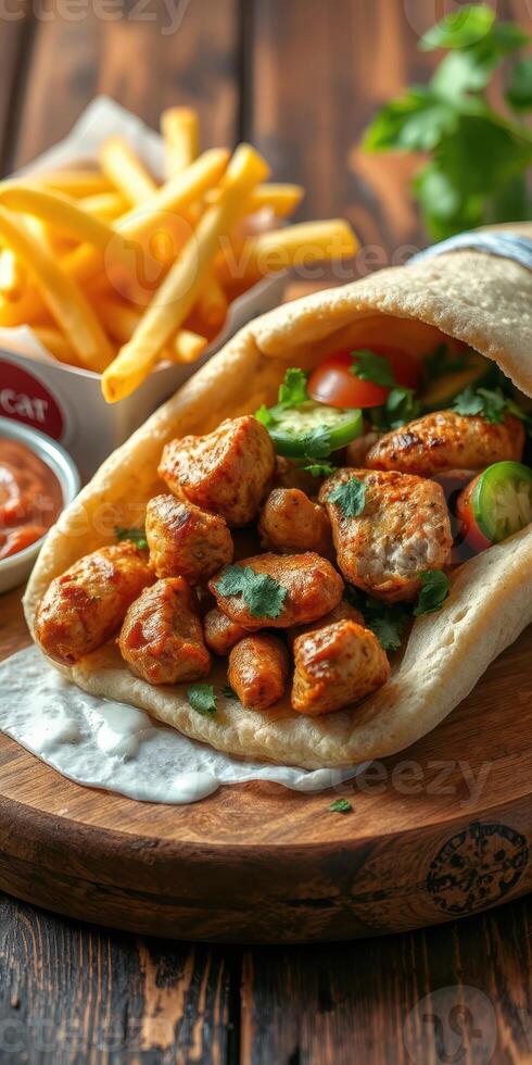 Savory grilled chicken wrap served with fries and dip on rustic wooden table photo