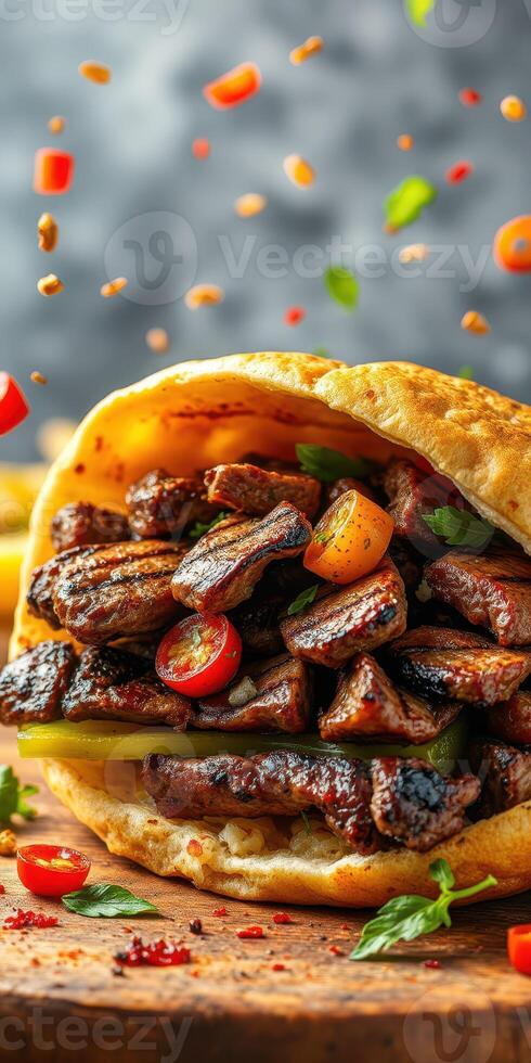Savory grilled meat wrapped in soft flatbread with fresh vegetables and spices on a vibrant table photo