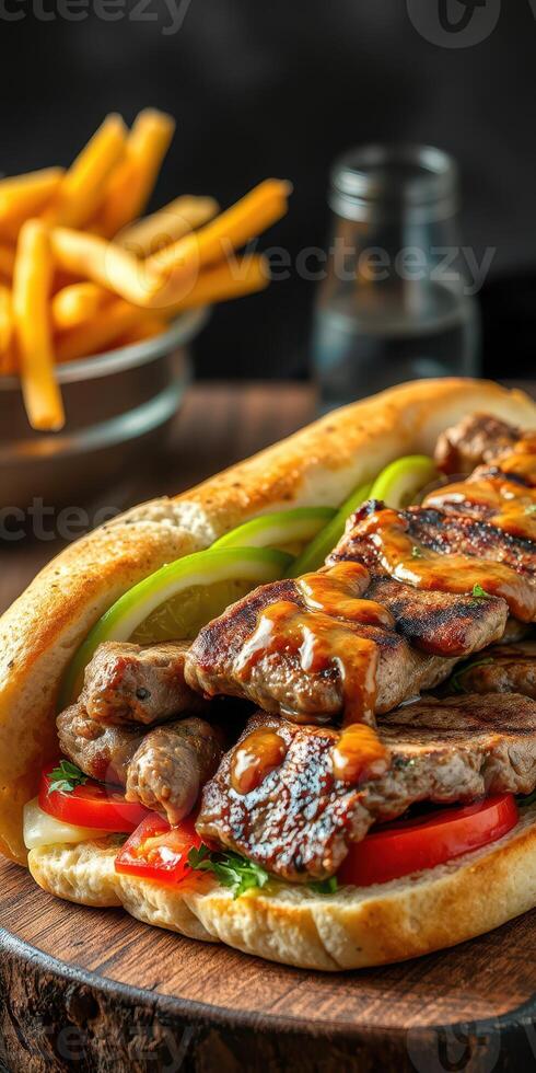 Savory grilled steak sandwich with fresh vegetables and flavorful sauce served alongside crispy fries photo