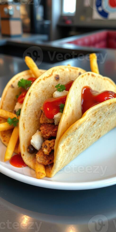 Tasty tacos served with crispy fries and ketchup at a casual dining spot during lunchtime photo