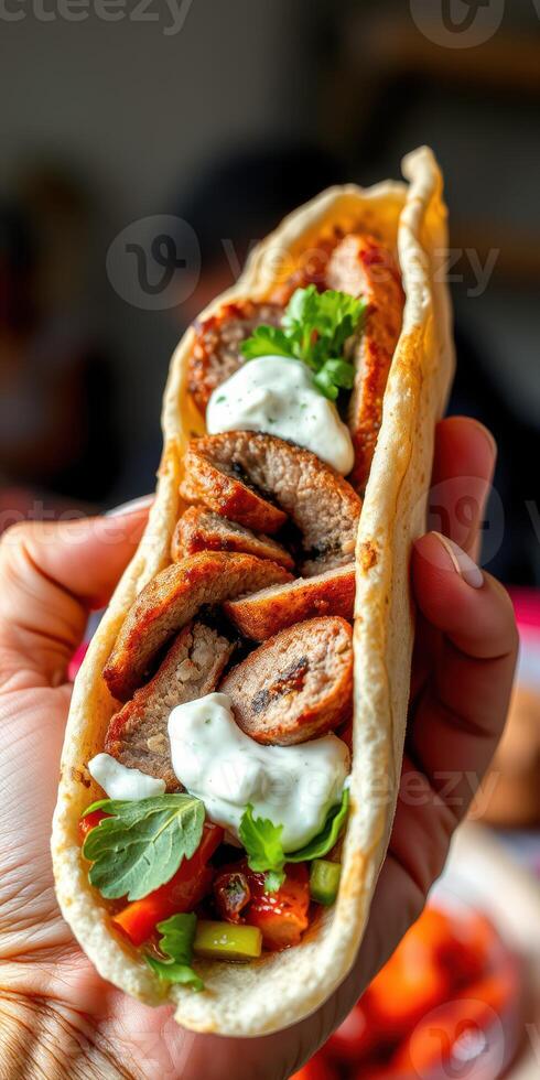 Delicious kebab wrap filled with grilled meat, fresh vegetables, and creamy sauce, held by a hand photo