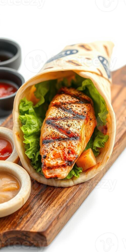 Grilled salmon wrap with fresh lettuce and assorted dipping sauces served on a wooden platter photo
