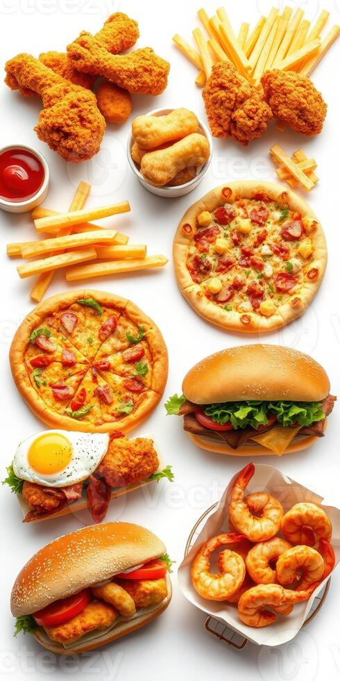 Diverse assortment of fast foods including fried chicken, pizzas, burgers, and shrimp served on a white background photo