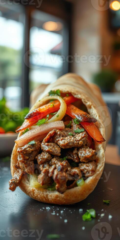 Delicious wrap filled with tender beef, fresh vegetables, and herbs in a cozy dining setting photo