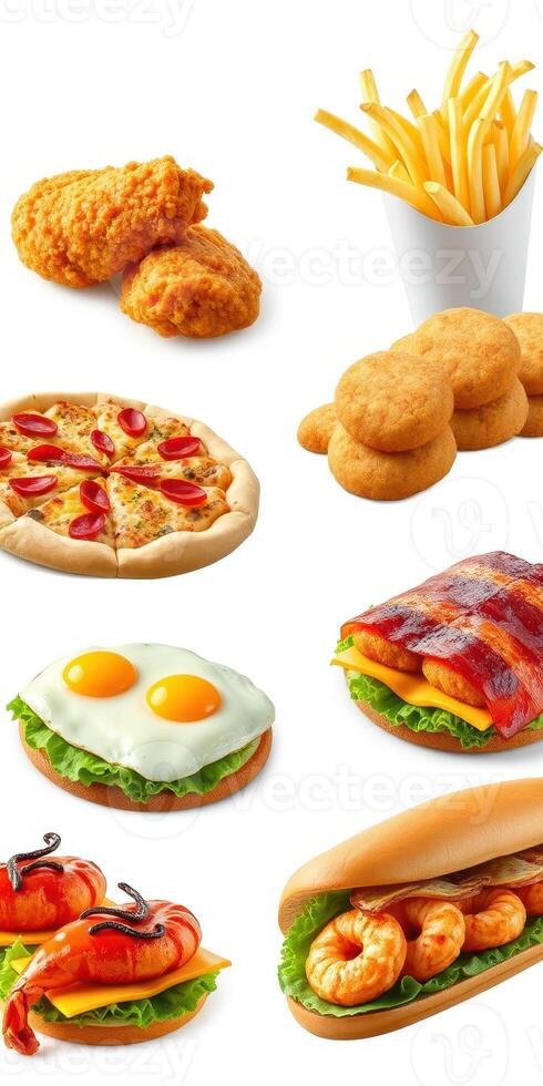 Delicious assortment of fast food dishes including pizza, fried chicken, and shrimp with sides on a white background photo