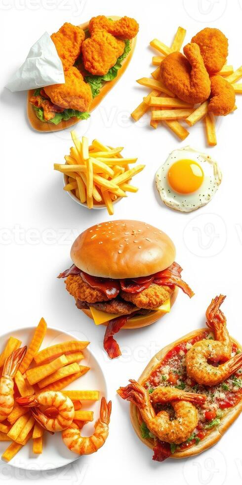 Delicious platter of fried food including chicken, shrimp, and a burger with fries served on a white background photo