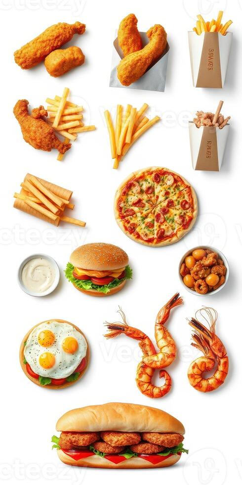 Delicious assortment of fried and fast food including chicken, fries, pizza, and seafood enjoyed at any gathering or celebration photo