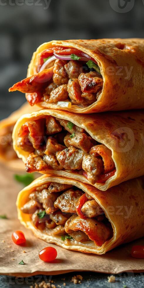 Delicious wraps filled with savory meat and fresh vegetables stacked on a rustic background photo