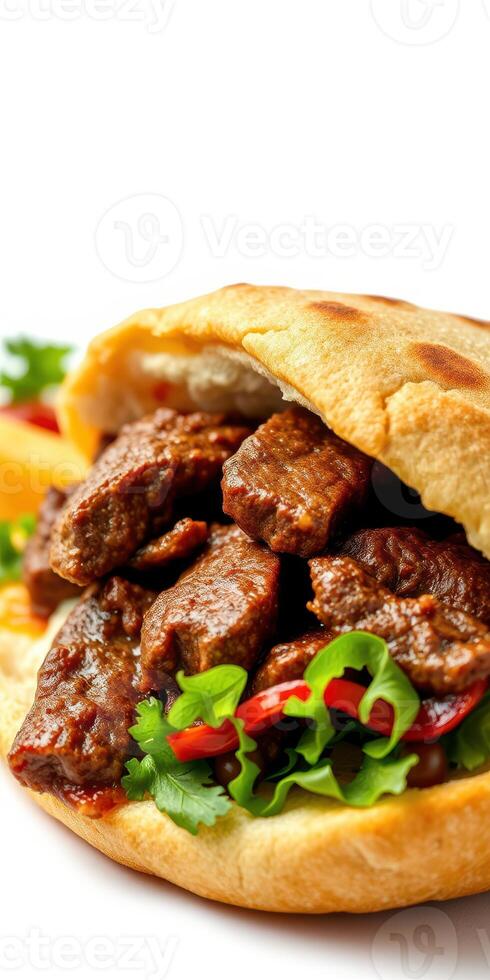 Delicious beef sandwich with fresh vegetables and savory sauce on a warm bun photo