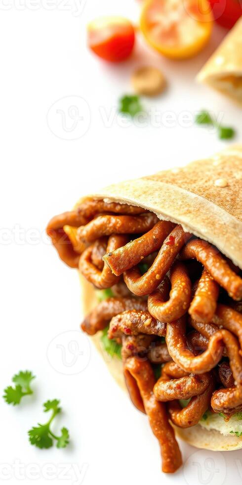 Delicious wrap filled with savory strips of meat and fresh ingredients ready to be enjoyed photo