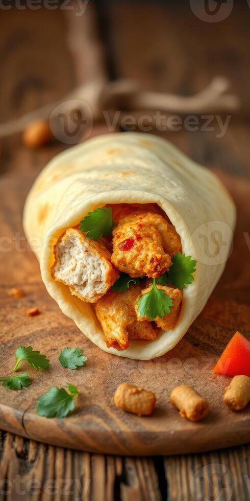 Delicious tortilla wrap filled with spicy chicken, fresh cilantro, and colorful vegetables on rustic wooden background photo