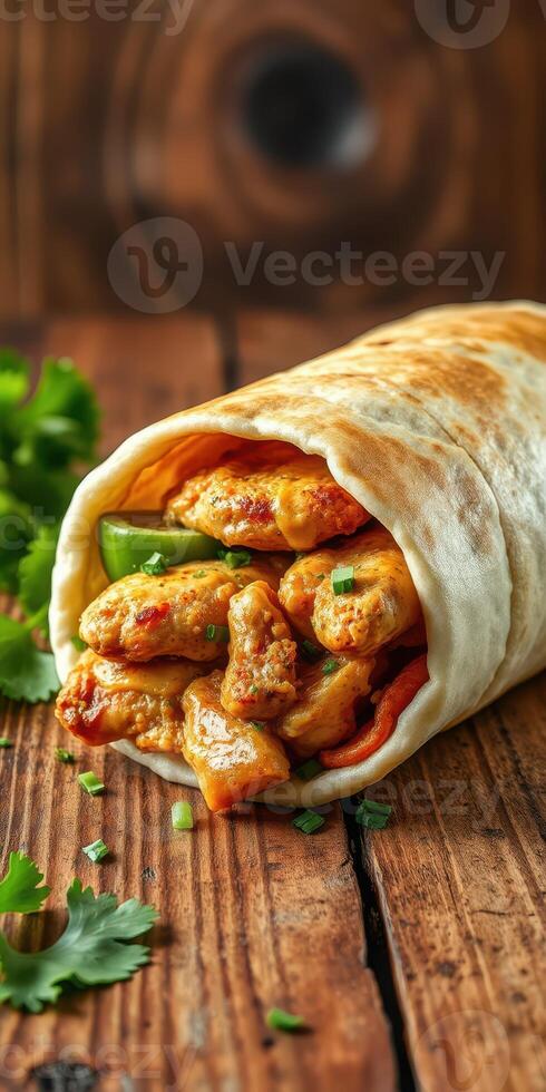 Delicious spiced chicken wrap with fresh vegetables served on rustic wooden table photo