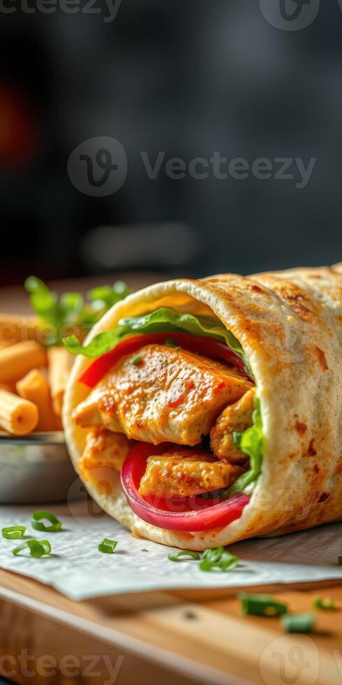 Delicious grilled chicken wrap served with crispy fries at a cozy eatery during lunch hour photo