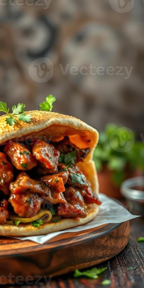 Delicious sandwich filled with marinated meat and fresh herbs served on a wooden table photo