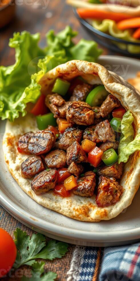 Savory grilled meat wrapped in flatbread with fresh vegetables and herbs photo
