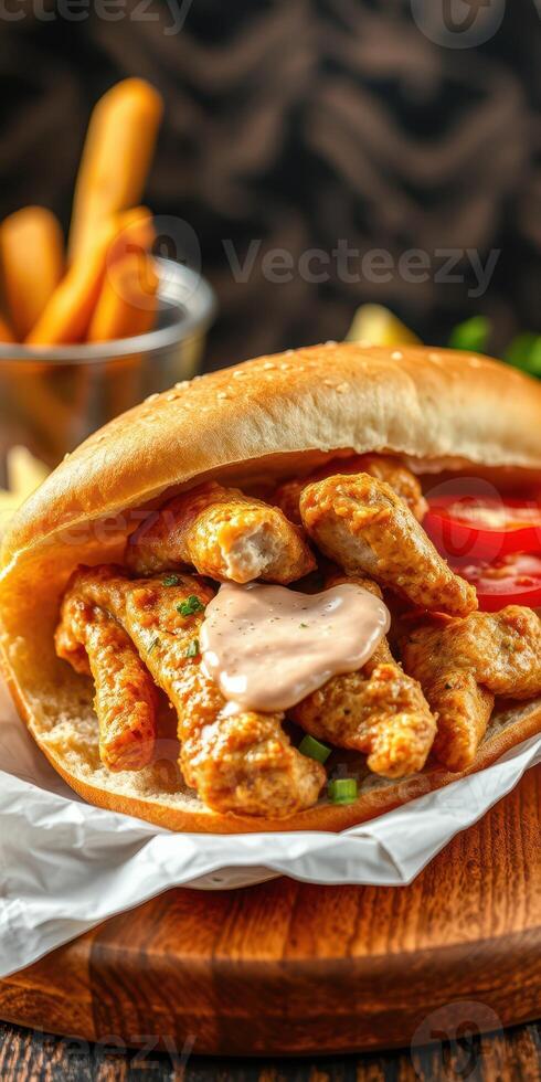 Delicious chicken sandwich served with crispy fries and creamy sauce in a cozy setting photo