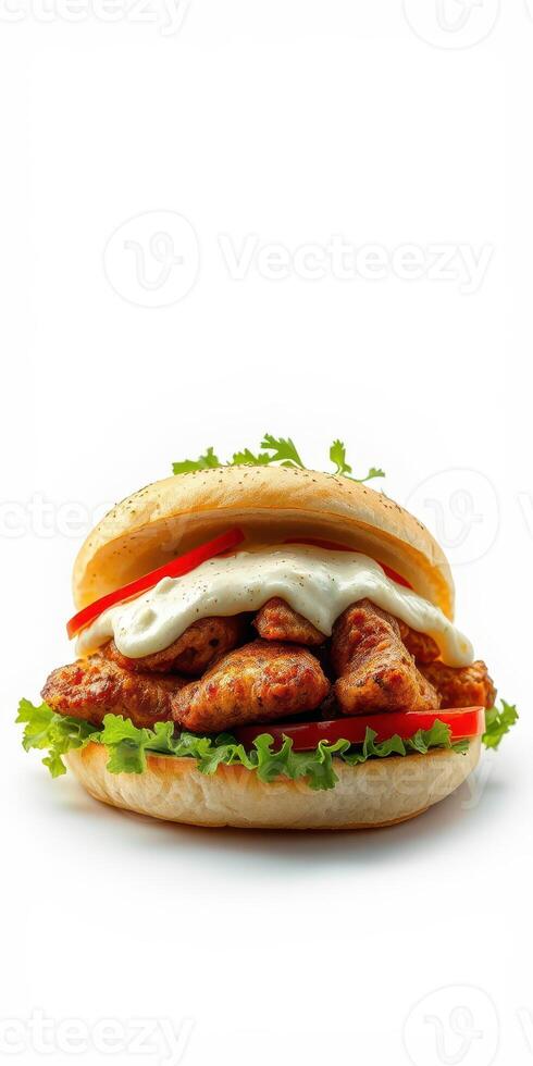 Juicy chicken sandwich loaded with fresh vegetables and creamy sauce on a soft bun photo