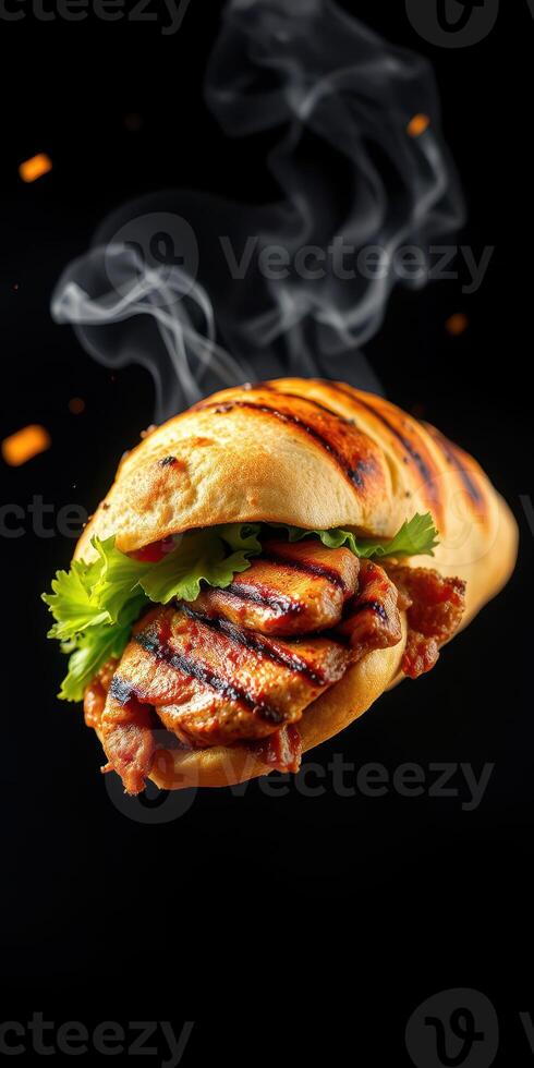 Grilled chicken sandwich with fresh greens and smoky aroma presented against a dark background photo