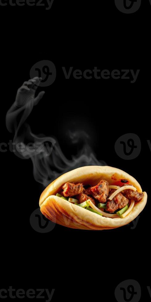 Juicy meat filling nestled in a warm bun with vapor rising against a dark background photo