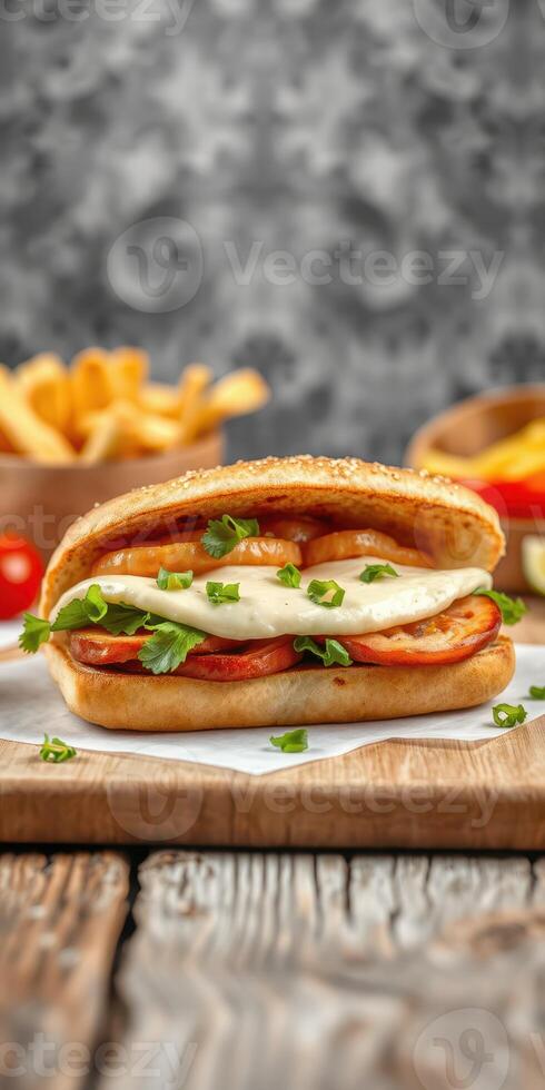 Delicious sandwich with melted cheese, fresh vegetables, and crispy fries served on a rustic wooden table photo