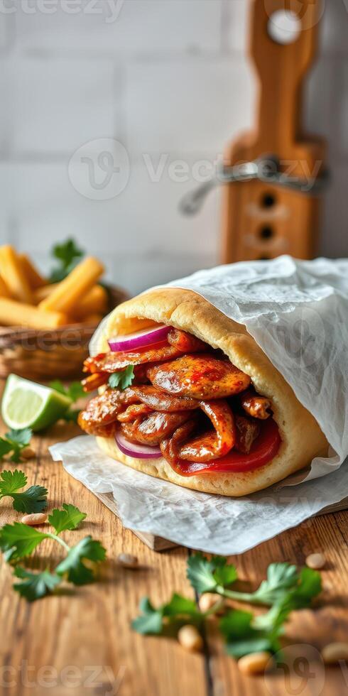 Delicious wrapped sandwich filled with grilled meat, onions, and fresh herbs alongside crispy fries and lime photo
