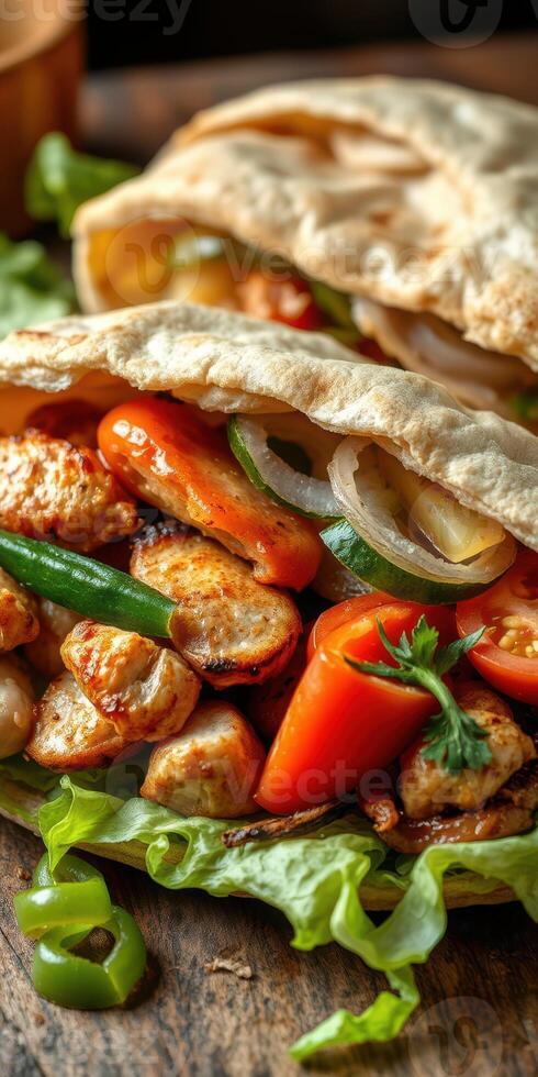 Delicious grilled chicken wrap with fresh vegetables served on a rustic wooden table photo