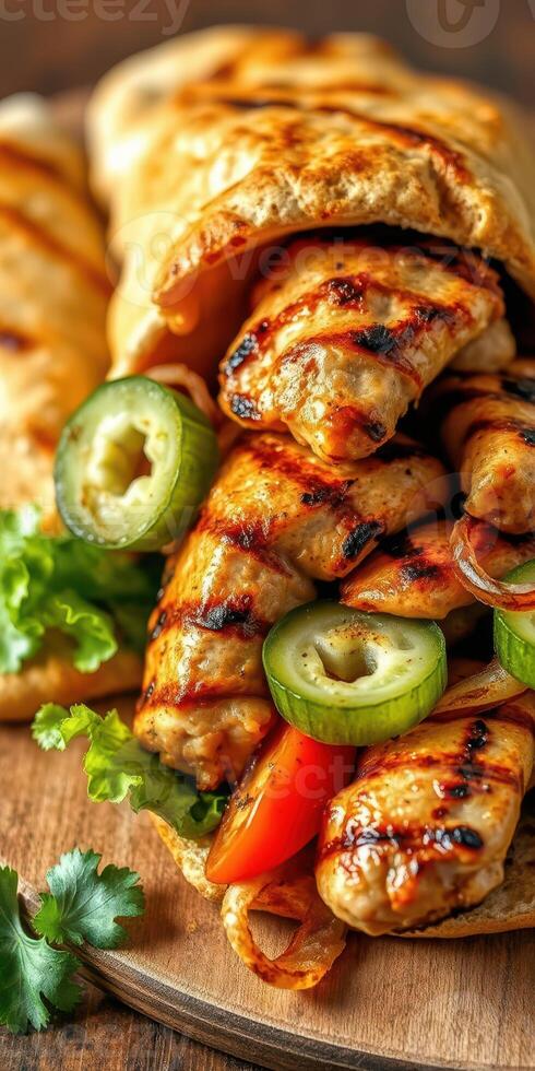 Grilled chicken wraps filled with fresh vegetables arranged on a wooden platter photo