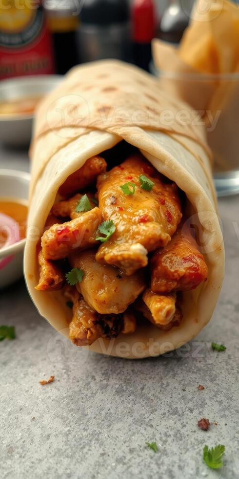 Delicious wrap filled with spicy grilled chicken and fresh herbs served on a rustic table photo