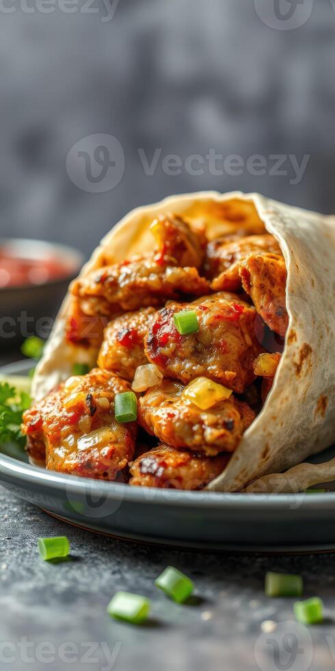 Delicious chicken wraps filled with flavorful ingredients and garnished with green onions on a plate photo