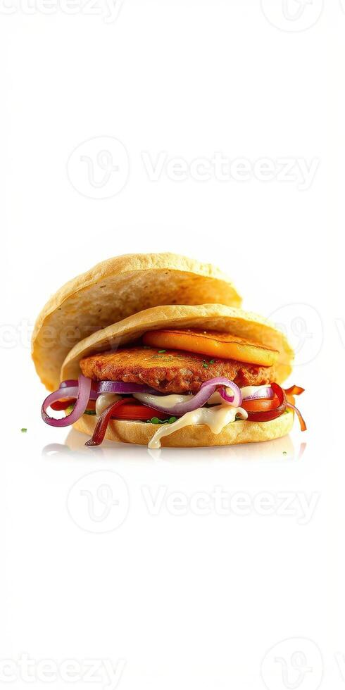 Delicious layered burger with savory ingredients served against a clean white background photo