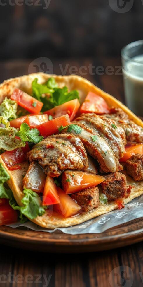 Delicious shawarma wrap with fresh vegetables and tahini sauce served on a wooden table photo