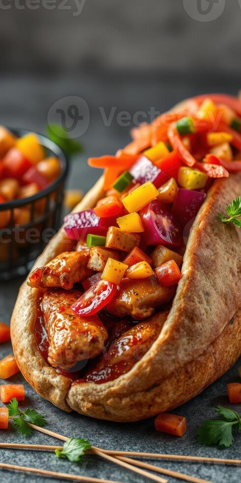 Fresh chicken wrap filled with colorful vegetables and sauce, served in a pita for a tasty meal photo