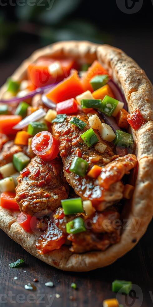 Delicious wrap filled with grilled chicken and fresh vegetables served at a cozy restaurant photo