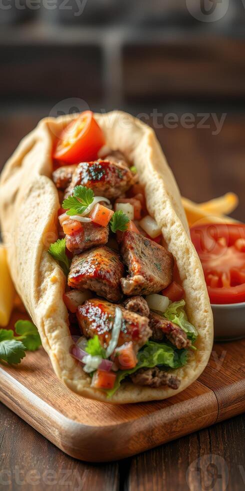 Sizzling meat wrap served with fresh vegetables on a wooden board in a cozy setting during daylight photo